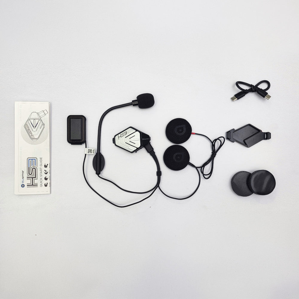 BluArmor HS3 kit with speakers, microphone, charging cable, mount, speaker spacers and quick start guide