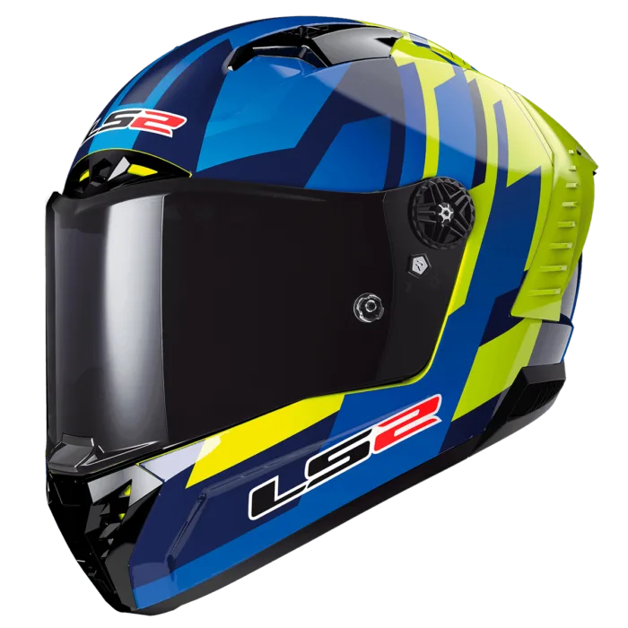 Blue Yellow color motorcycle bike helmet from LS2 Brand, Best Full Face Bike Helmet in India, Stylish Helmets in India with High Quality Carbon Fiber material, Safest Helmet for Indian Roads