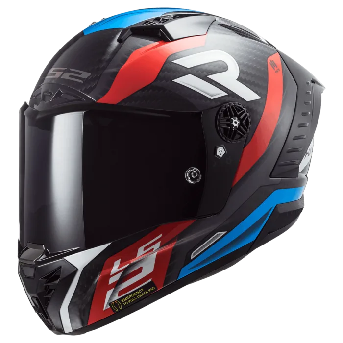 Motorcycle helmet with black, red, and blue design - Best LS2 helmet in india, Best full face helmets in india made from carbon fiber