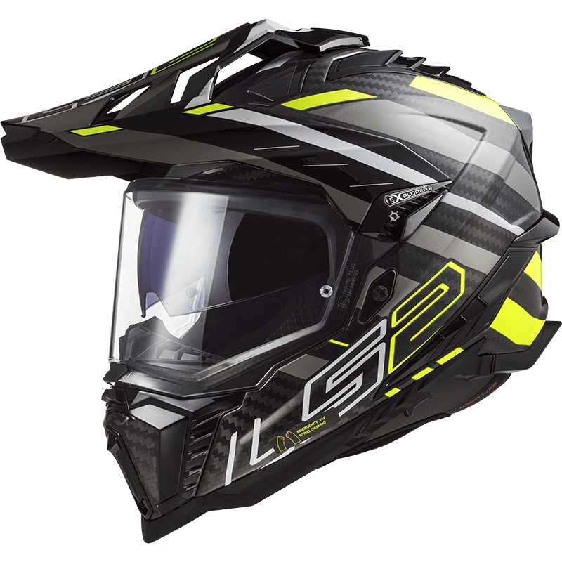 LS2 MX701 Explorer Carbon Edge Dual Sports Helmet in Black Hi Viz Yellow color, Best Helmet in India for Bike Riders on Indian Roads, Safest Helmets for Indian Bikes for Road trips, long touring, adventure tours