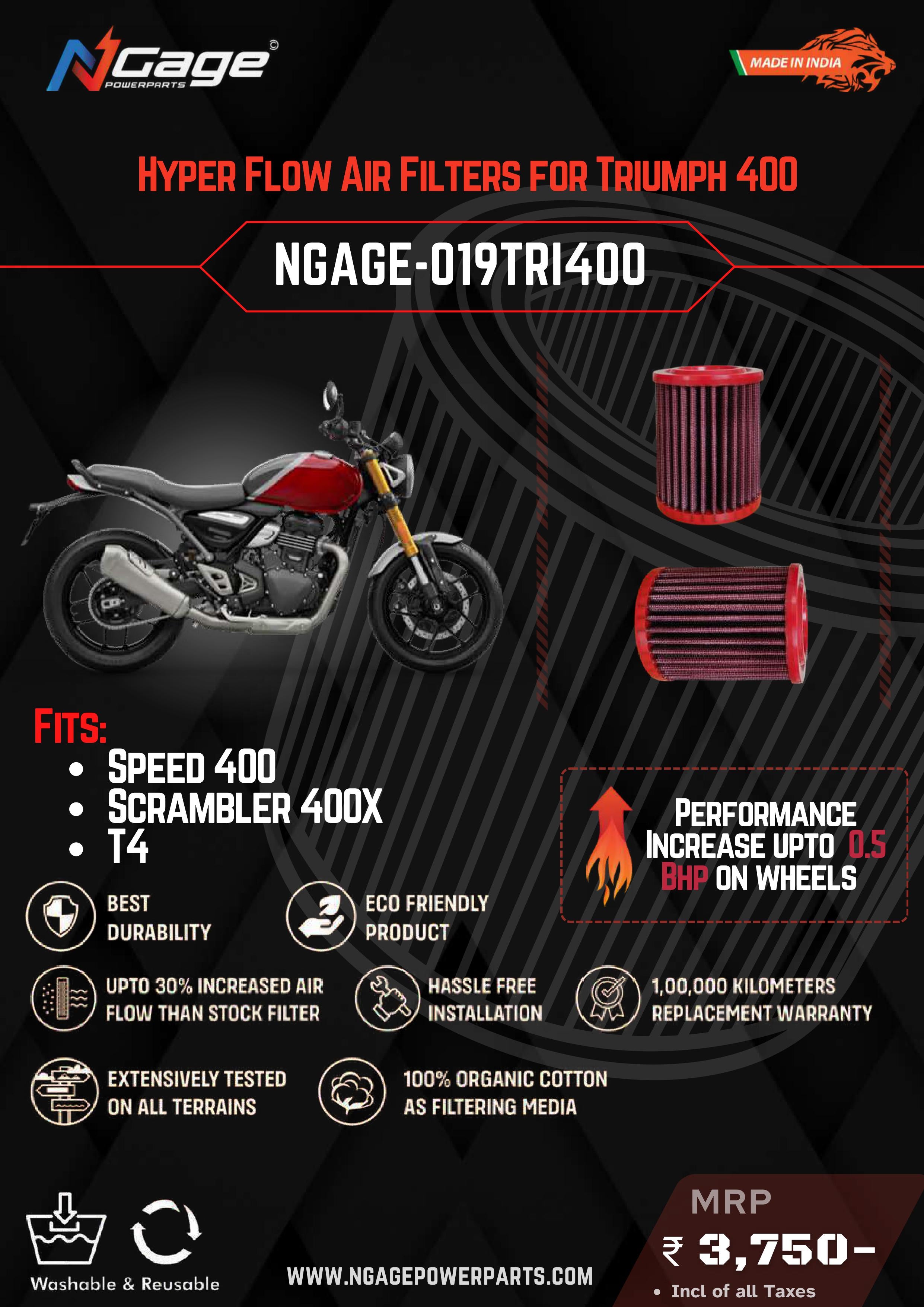 NGAGE Hyper Flow Air Filters Triumph Scrambler 400X