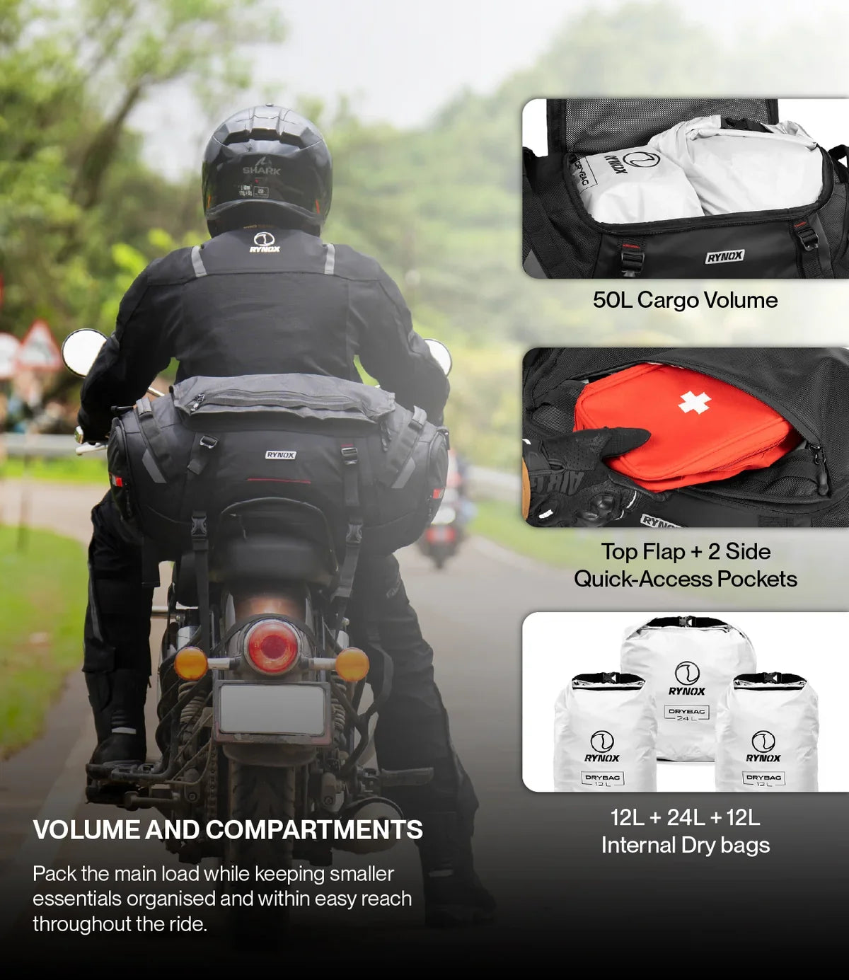 Rynox Optimus Tail Bag 50L in Black – Waterproof-Ready Motorcycle Touring Luggage with Rain Cover and Dry Bags, Best Tail Bag for Bike Touring, ADV Adventure Luggage India