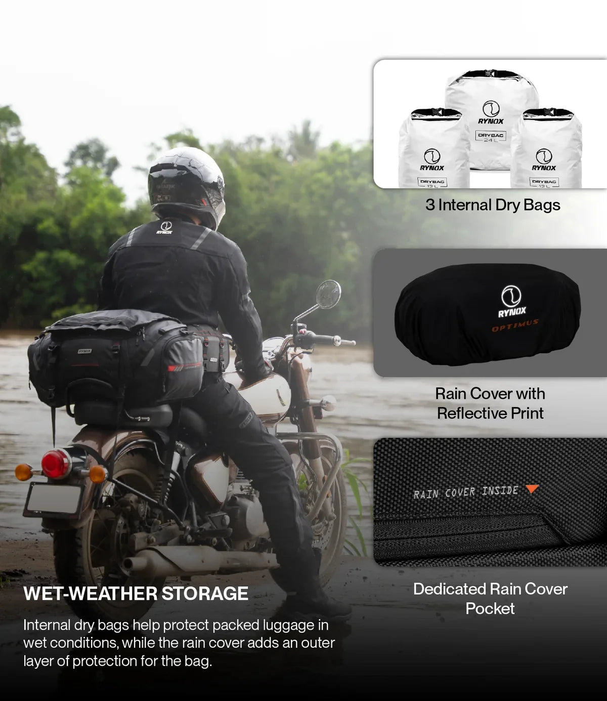 Rynox Optimus Tail Bag 50L in Black – Waterproof-Ready Motorcycle Touring Luggage with Rain Cover and Dry Bags, Best Tail Bag for Bike Touring, ADV Adventure Luggage India