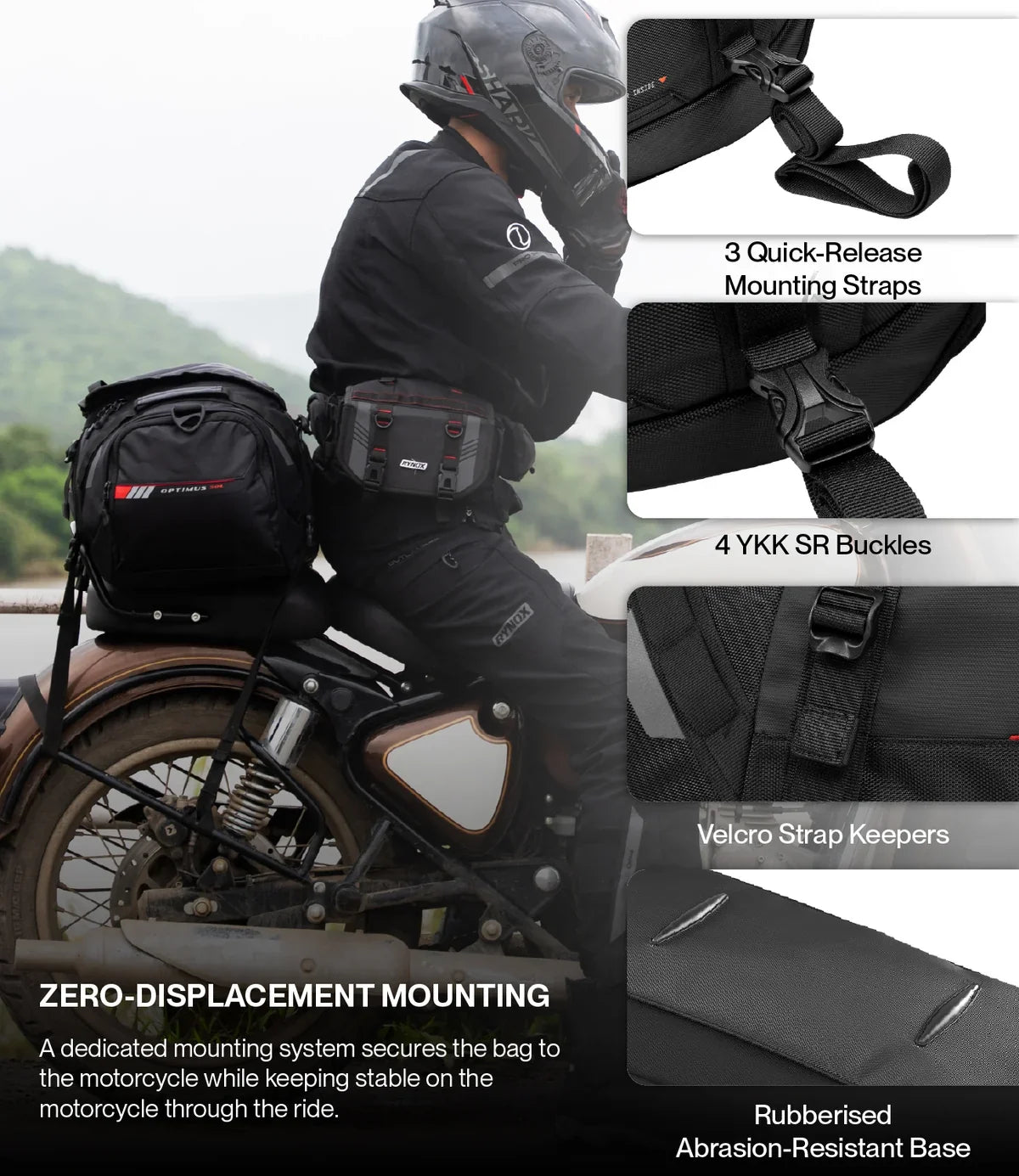 Rynox Optimus Tail Bag 50L in Black – Waterproof-Ready Motorcycle Touring Luggage with Rain Cover and Dry Bags, Best Tail Bag for Bike Touring, ADV Adventure Luggage India
