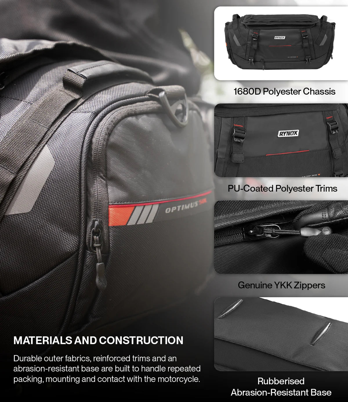 Rynox Optimus Tail Bag 50L in Black – Waterproof-Ready Motorcycle Touring Luggage with Rain Cover and Dry Bags, Best Tail Bag for Bike Touring, ADV Adventure Luggage India