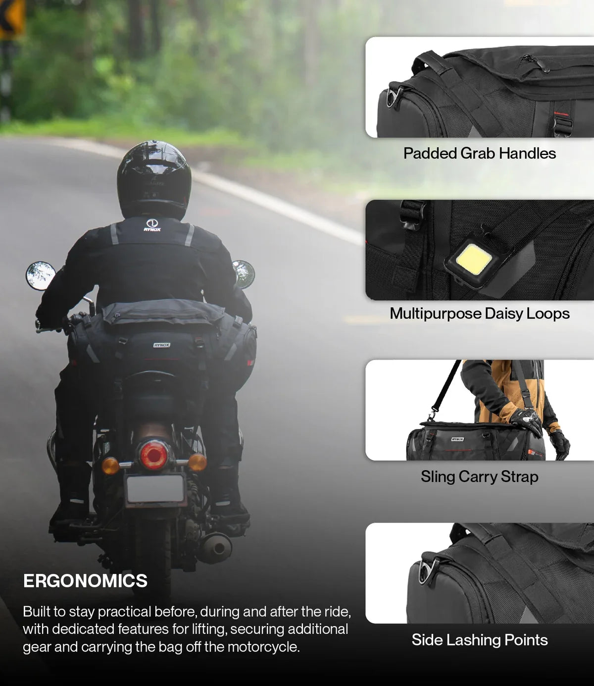 Rynox Optimus Tail Bag 50L in Black – Waterproof-Ready Motorcycle Touring Luggage with Rain Cover and Dry Bags, Best Tail Bag for Bike Touring, ADV Adventure Luggage India