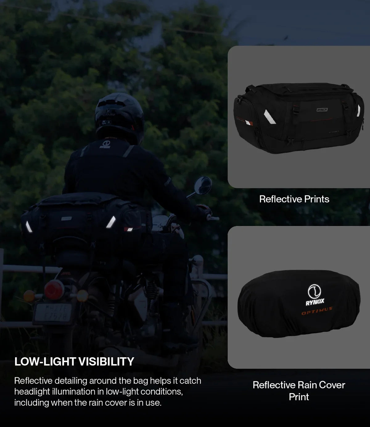 Rynox Optimus Tail Bag 50L in Black – Waterproof-Ready Motorcycle Touring Luggage with Rain Cover and Dry Bags, Best Tail Bag for Bike Touring, ADV Adventure Luggage India